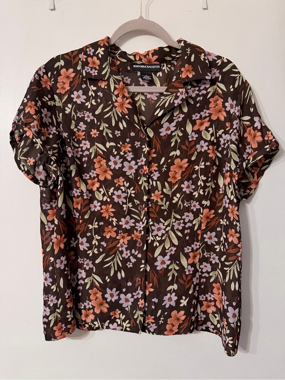 Norton McNaughton VTG Brown Floral Button-Front Short Sleeve Blouse Sz 16